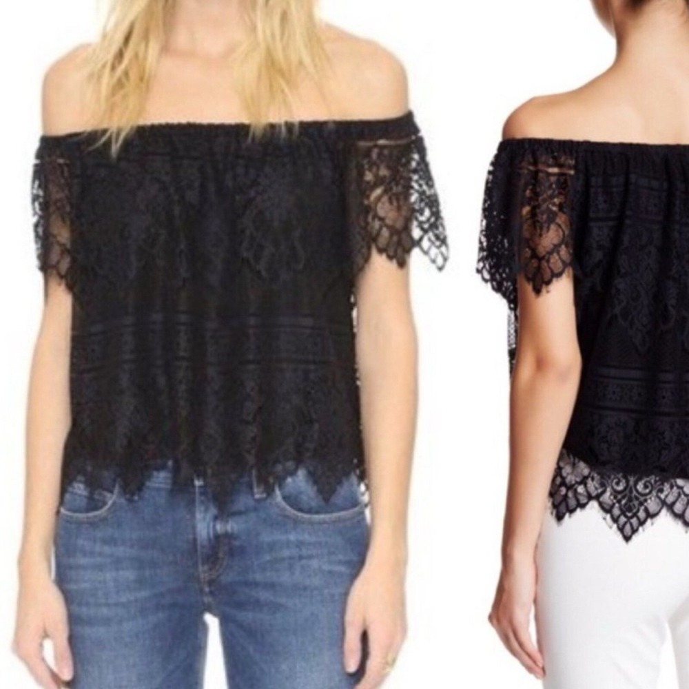 Cupcakes and Cashmere Black Lace Sunset Off the Shoulder Top Peasant Dainty XS